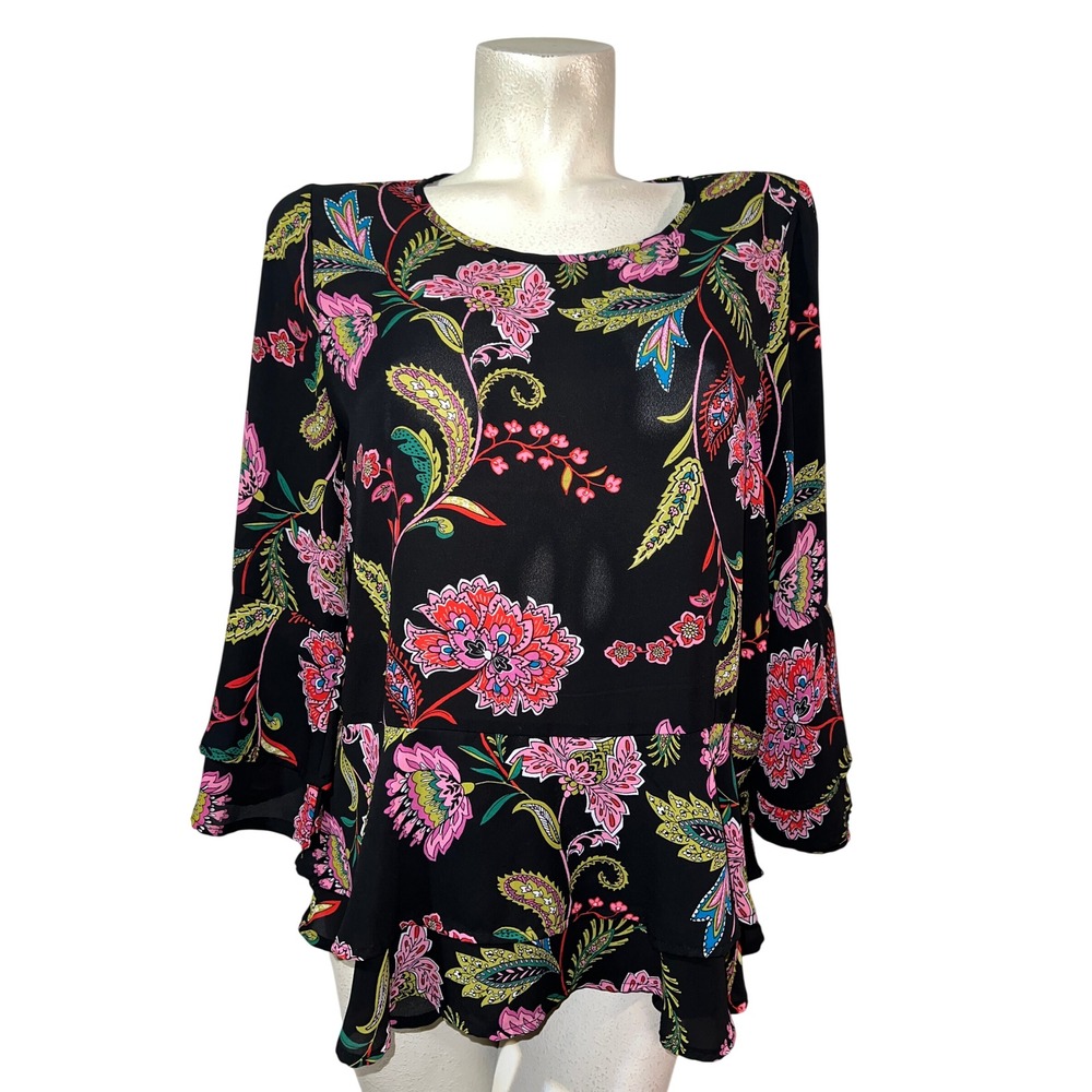 SPENSE Top Womens Black Floral Paisley Peplum Blouse Tiered Bell Sleeve Top L